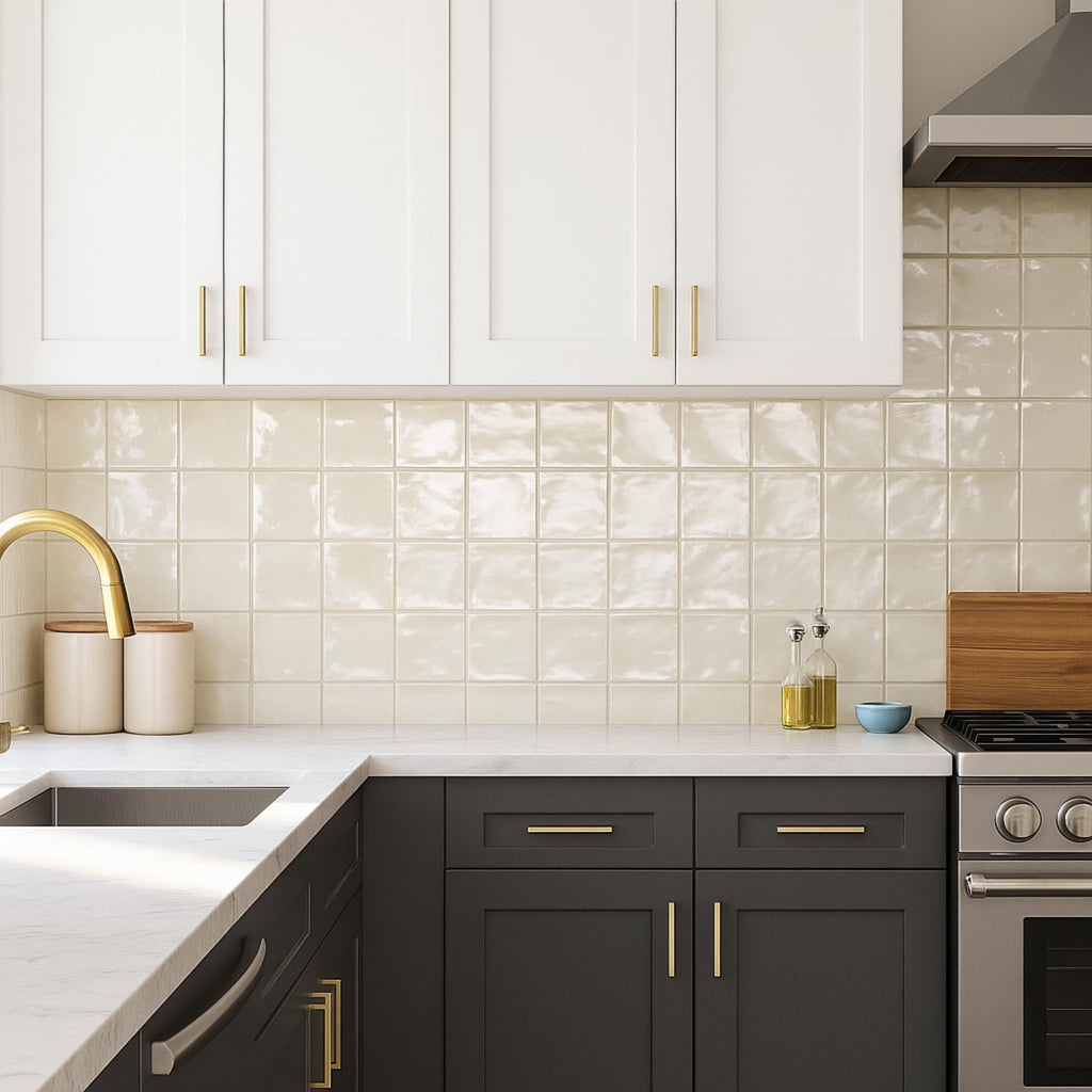 Ivory Glossy Porcelain Subway Zellige Look Tile - 4x4 Inches Wall and Floor, Backsplash, Shower, Fireplace Accent