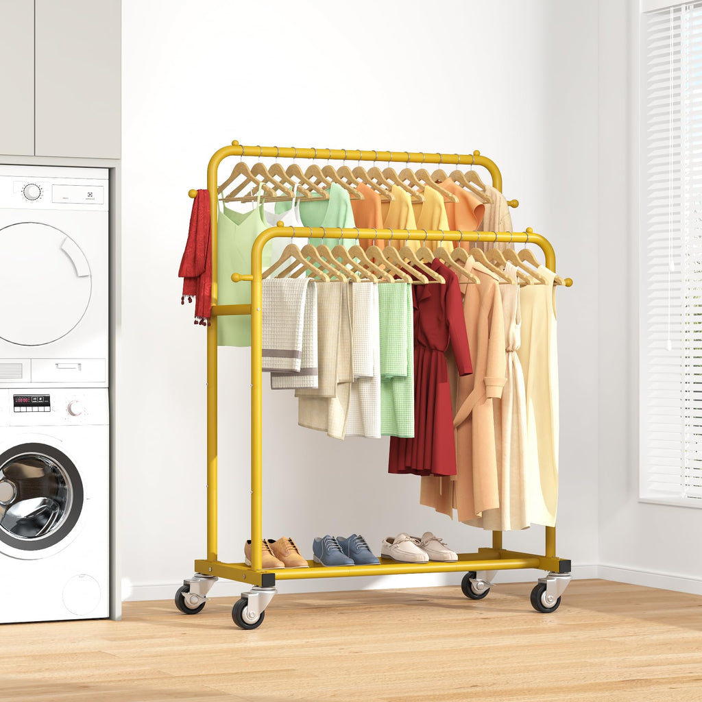 Double Rods Garment Rack with Wheels, Clothing Rack for Hanging Clothes, 4 Hooks, Multi-functional Bedroom Clothes