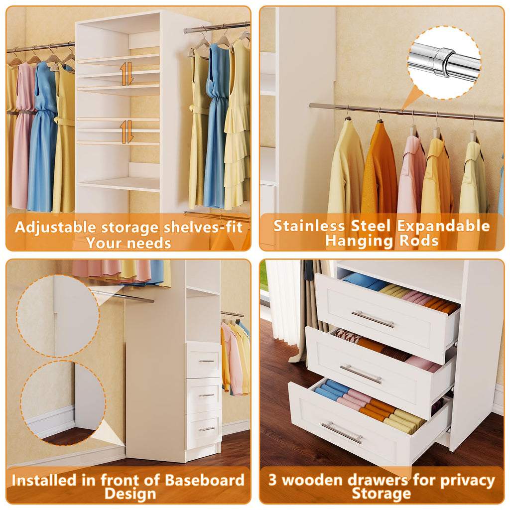 Closet System with Drawers, 4FT-9FT Modular Closet Organizer System with 4 Expandable Hanging Rods Adjustable Wooden