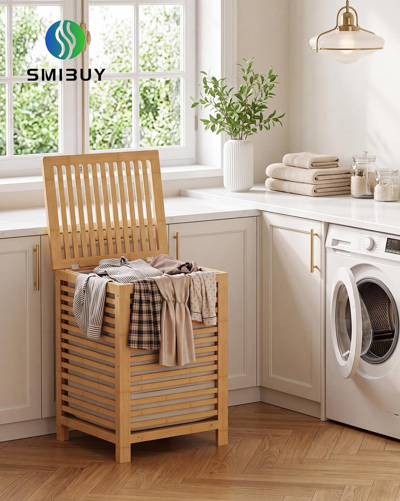 Double Laundry Hamper with Lid, 120L Bamboo Laundry Basket with Removable Liner Bag, 2-Section Clothes Divider