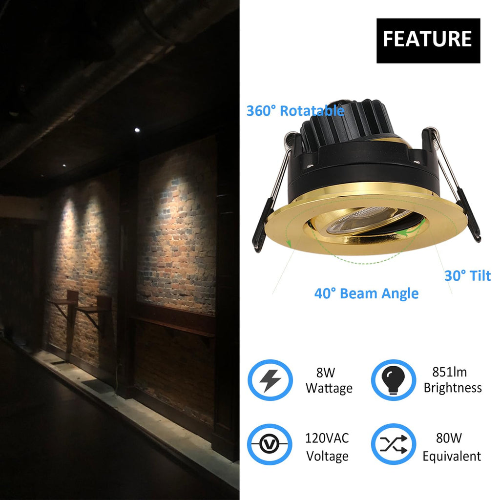 3 Inch Gimbal LED Recessed Lights 6 Pack,Adjustable Downlight, Gold