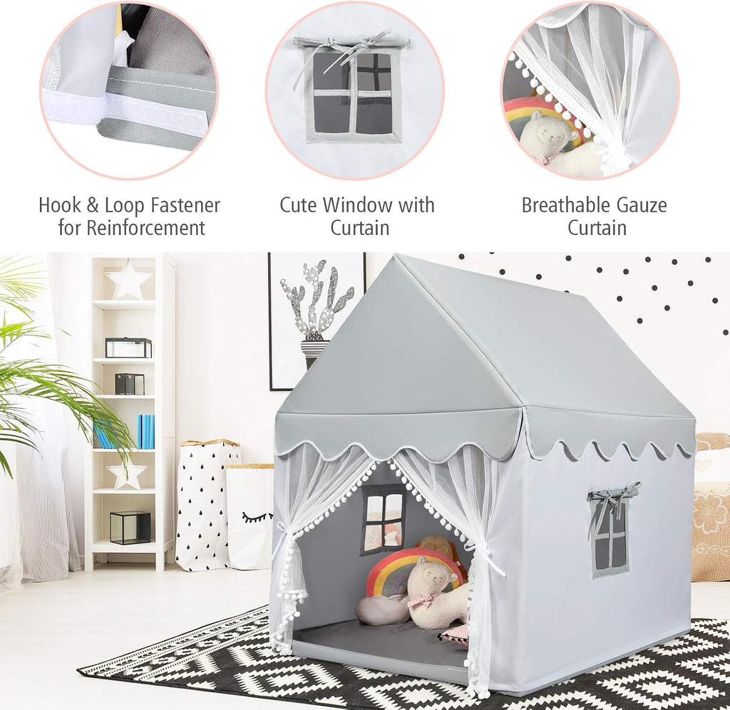 Kids Play Tent, Large Playhouse w/Washable Mat, Windows, Solid Wood Frame, Indoor Outdoor Princess Tent for Children