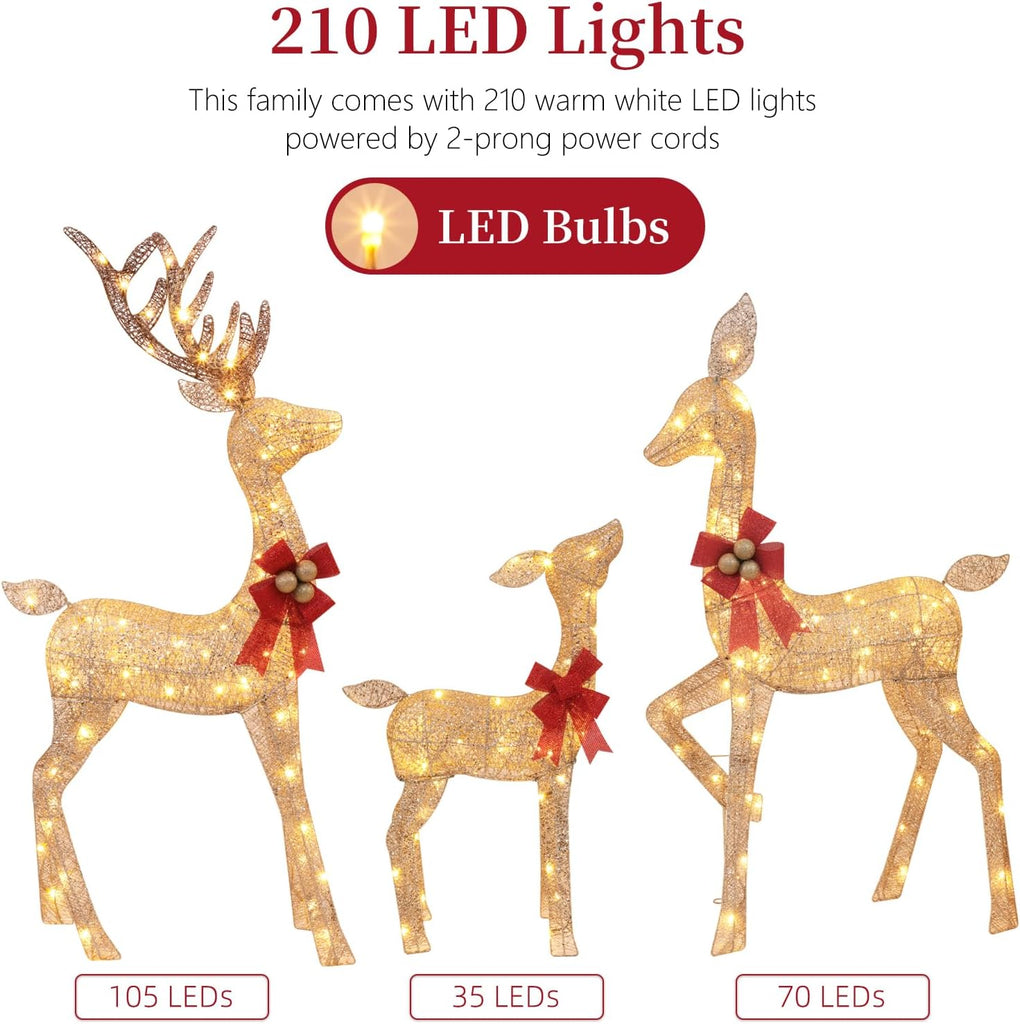 3-Piece Lighted Christmas Deer Family - 4.5ft 3D Pre-Lit Reindeer Outdoor Decorations with 210 LED Lights