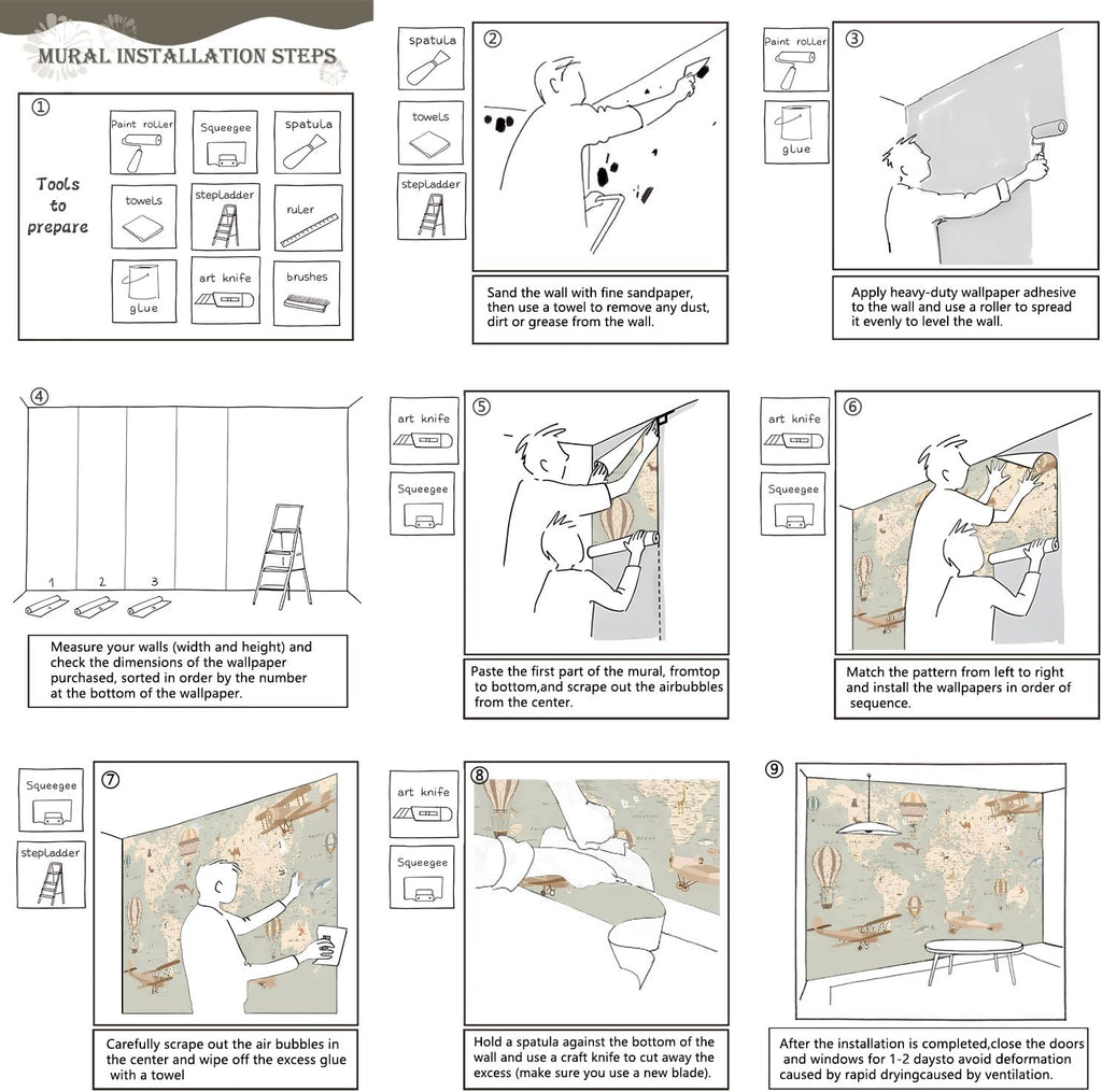 Vintage Animal Wallpaper Cartoon Aircraft Map wall murals for Kids Room 159"x107"(Not Peel and Stick)