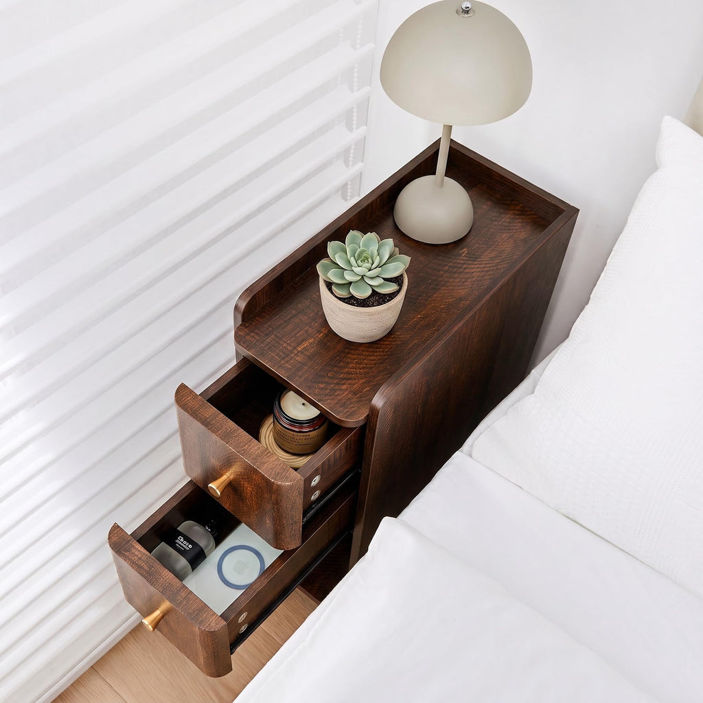 Narrow Nightstand, Wooden 2 Drawer, Cherry Walnut