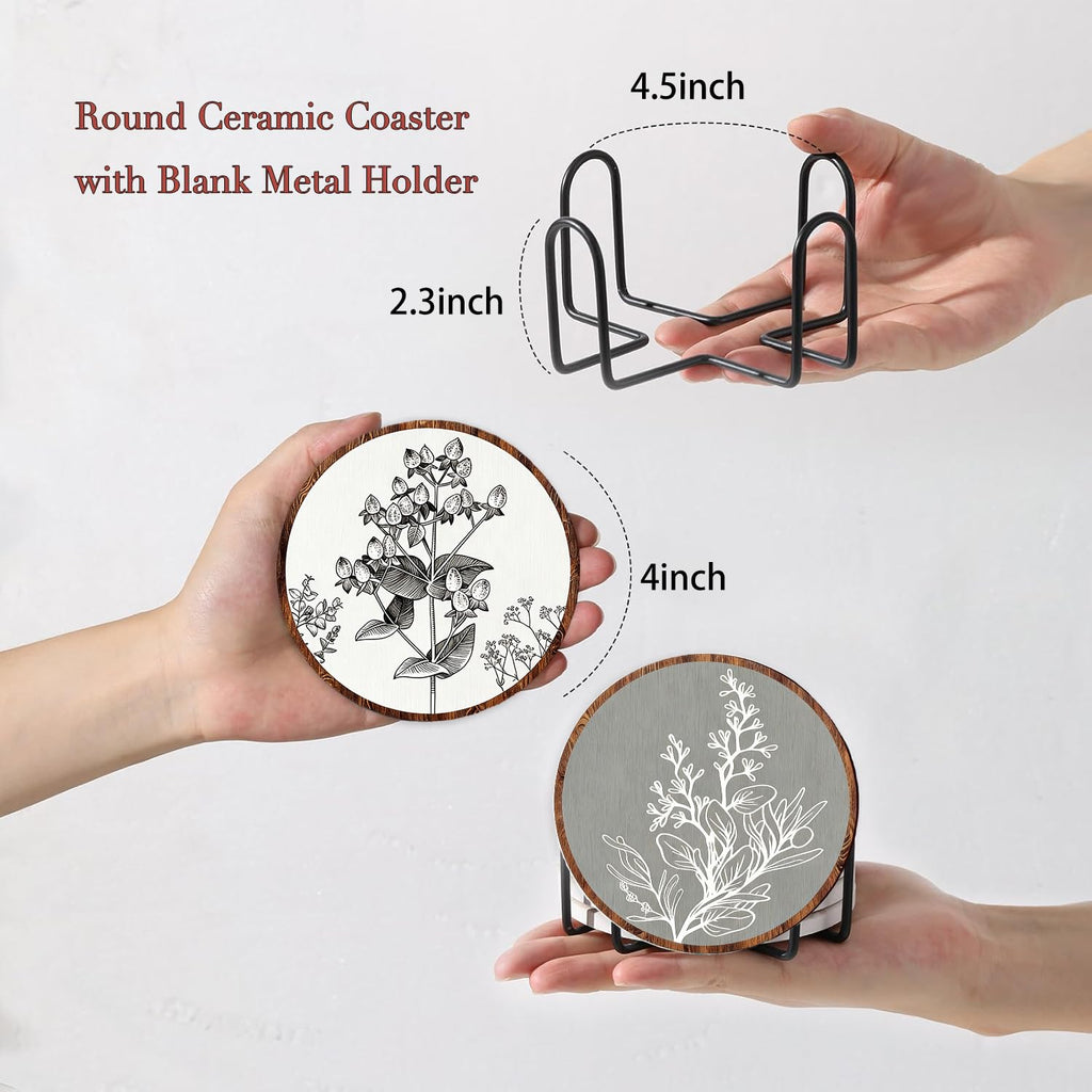 Boho Botanical Art Drink Coasters Set of 6, Round Absorbent Ceramic Coaster, with Metal Holder and Cork Base, Rustic