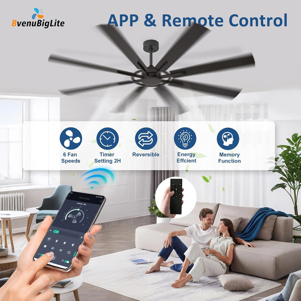 Large Ceiling Fan No Light: Modern 72 Inch 8 Blade Outdoor Ceiling Fans with Remote APP Control - Black Big Fan