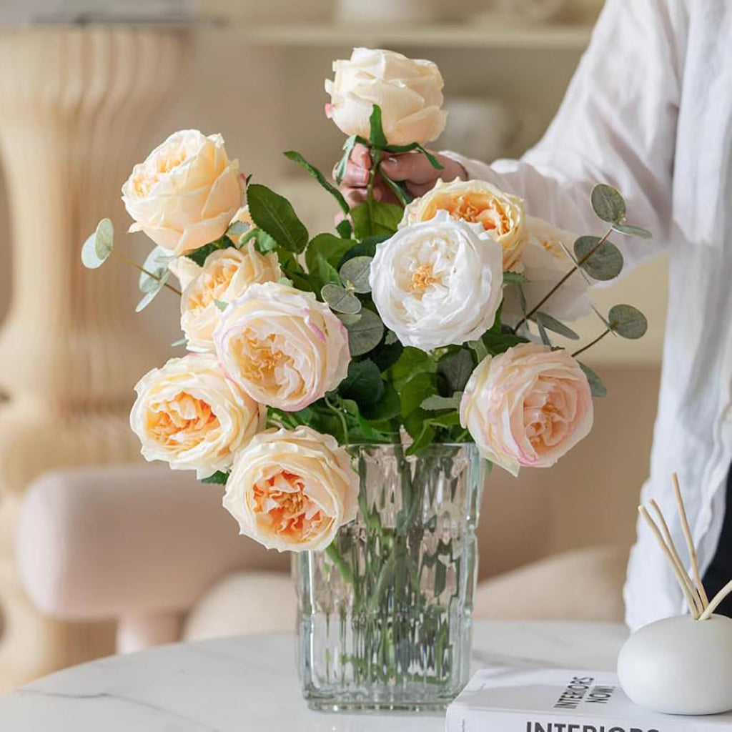 Fake Flowers for Decoration Home Decor Artificial Flowers Austin Rose Peony Latex Fake Flower Living Room Decoration - Set of 4