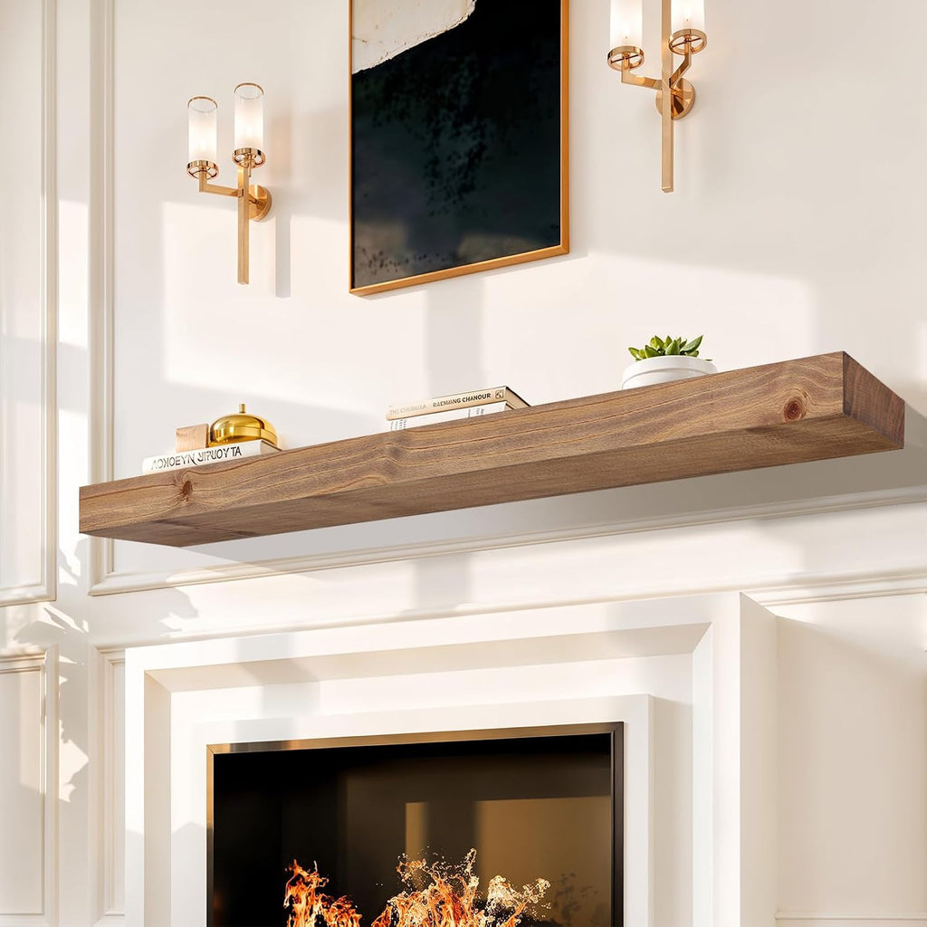 60" Solid Wood Floating Fireplace Mantel Shelf, Rustic Dark Oak