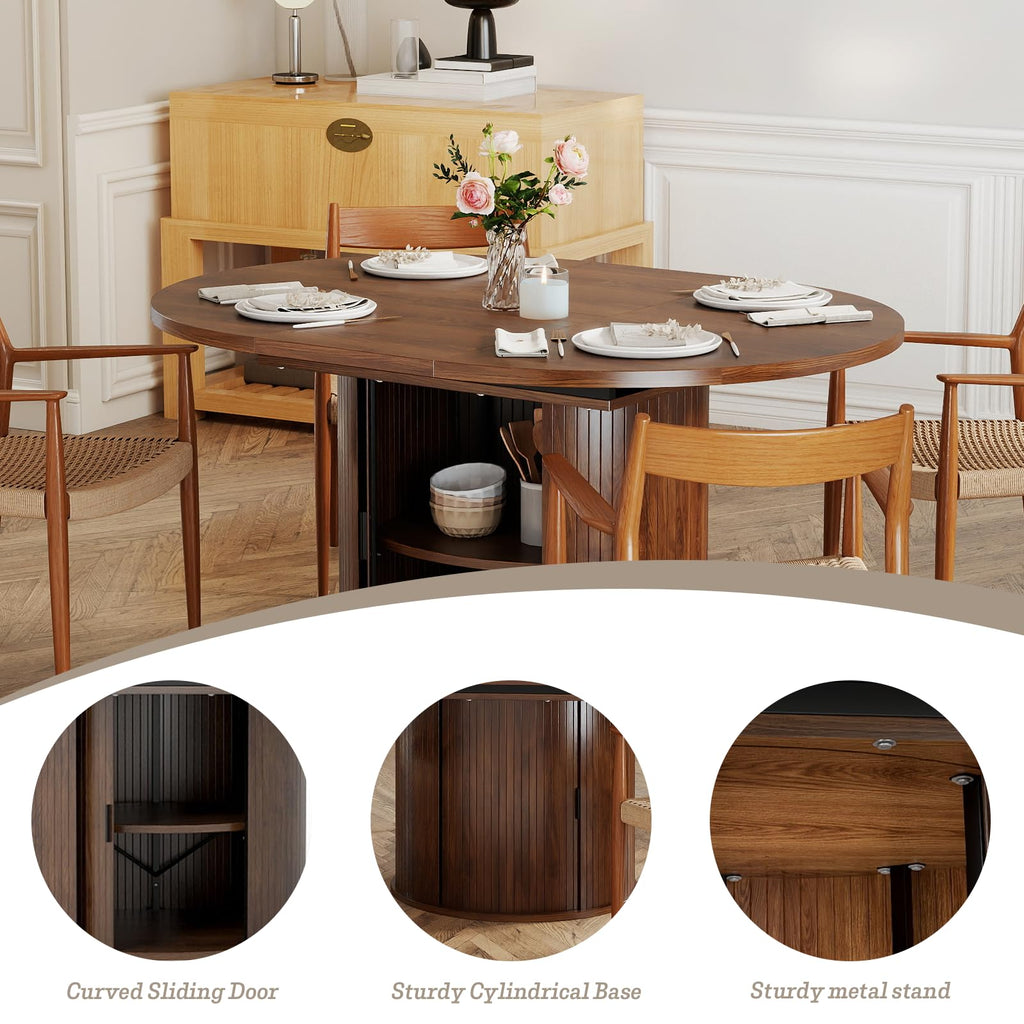 Oval Extendable Dining Table with Storage, 59"Wood Kitchen Table, Brown