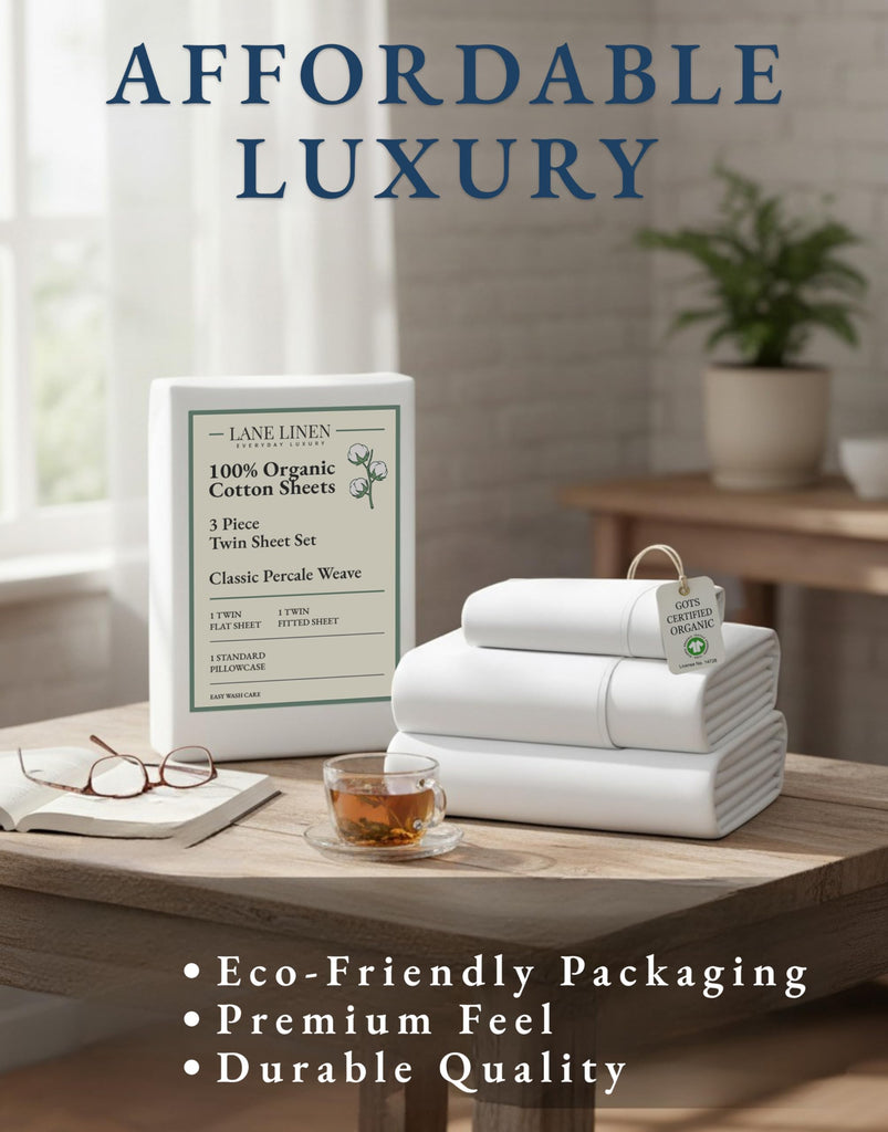 Twin Sheets 100% Organic Cotton 3pc Percale Cooling Soft - White