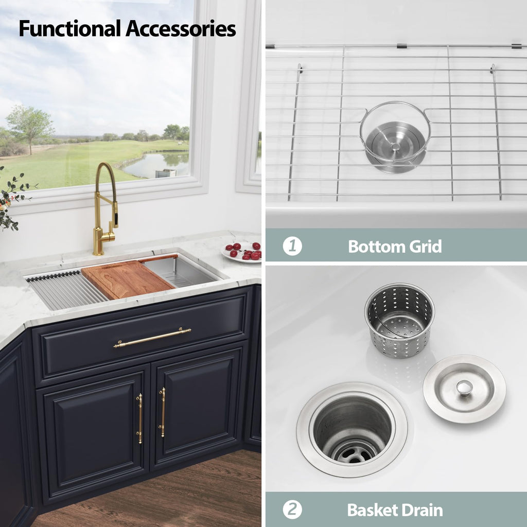 33 Inch White Undermount Sink Workstation 33x19 Inch Dual Drop in & Undermount Fireclay Kitchen Sink Single Bowl Deep