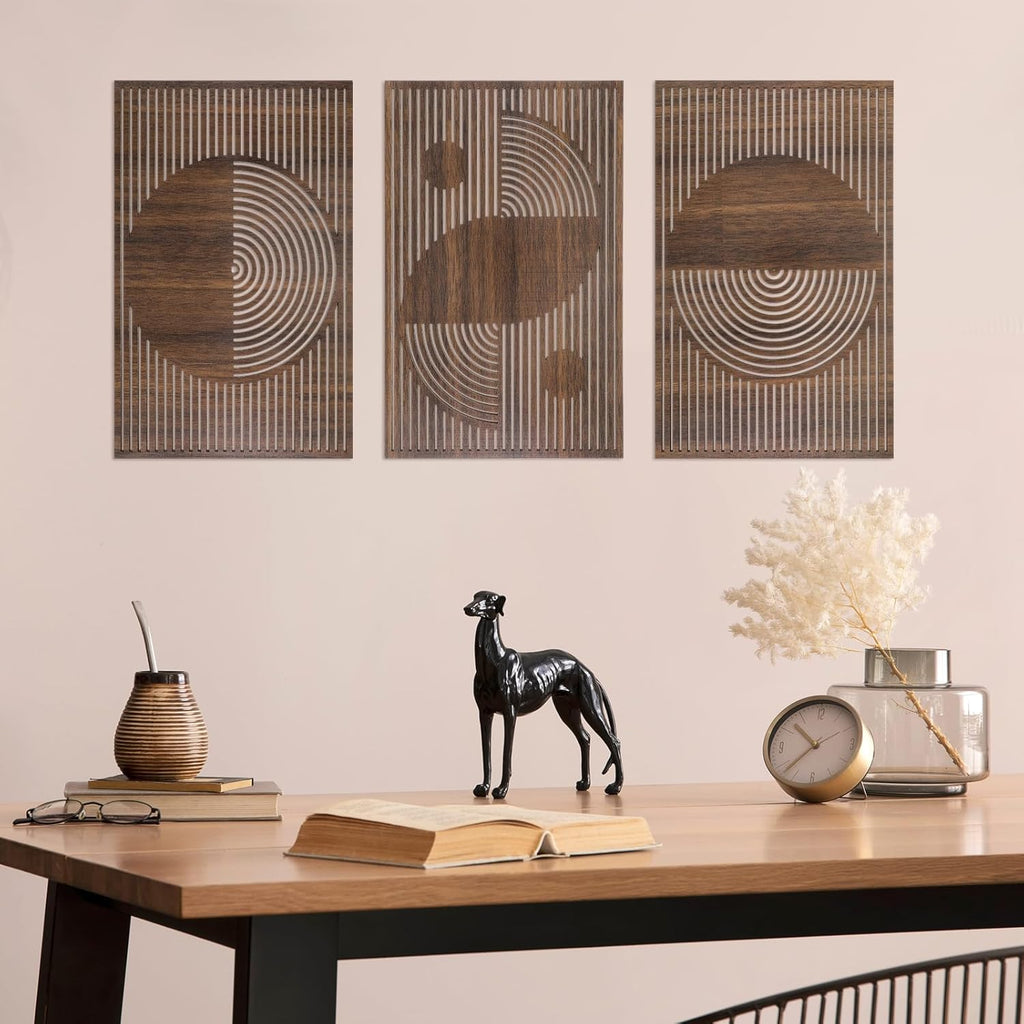 Mid Century Modern Wood Wall Art Decorations 3D Geometric Abstract Wall Sculpture Bedroom Office Minimalist - Set of 3