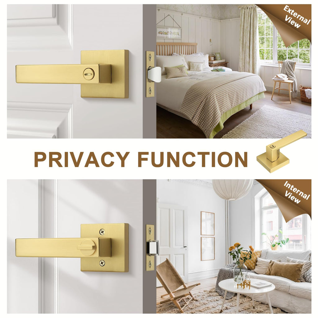 2 Pack Gold Privacy Door Handles,Heavy Duty Satin Brass Door Knobs with Lock ,Square Interior Keyless Locksets