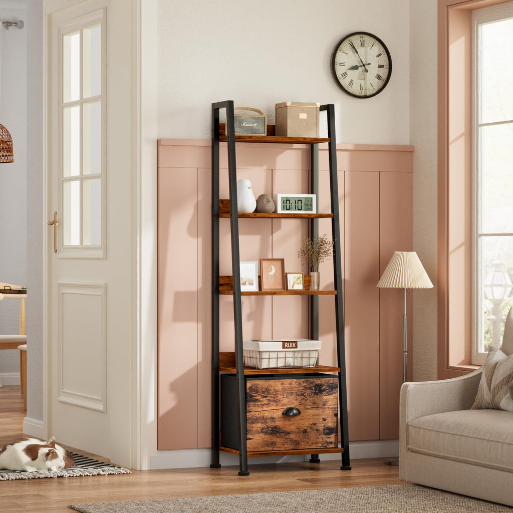 Ladder Shelf, 5 Tier Bookshelf with Fabric Drawer, Rustic Brown