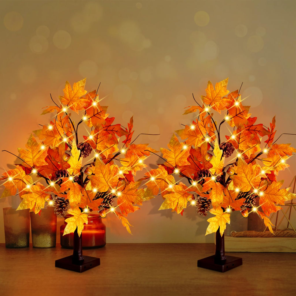2 Pcs 24 Inch Artificial Fall Tree Lighted Maple Tree Battery USB Operated w/Timer, 24 LED Thanksgiving Decorations