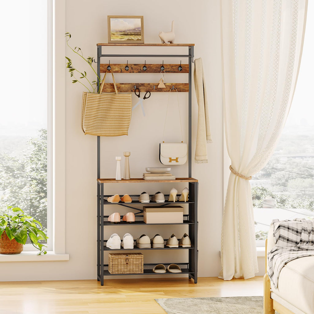 Hall Tree with Bench, Entryway Coat Rack with Shoe Rack, Shoe and Coat Rack, 5 Tier Shoe Storage Organizer with