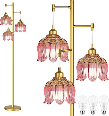 Pink Floor Lamp,Gold Mid Century Modern Standing Lamp Brass Tree 3 Light Tall Floor Lamps Vintage Retro Floor Lights