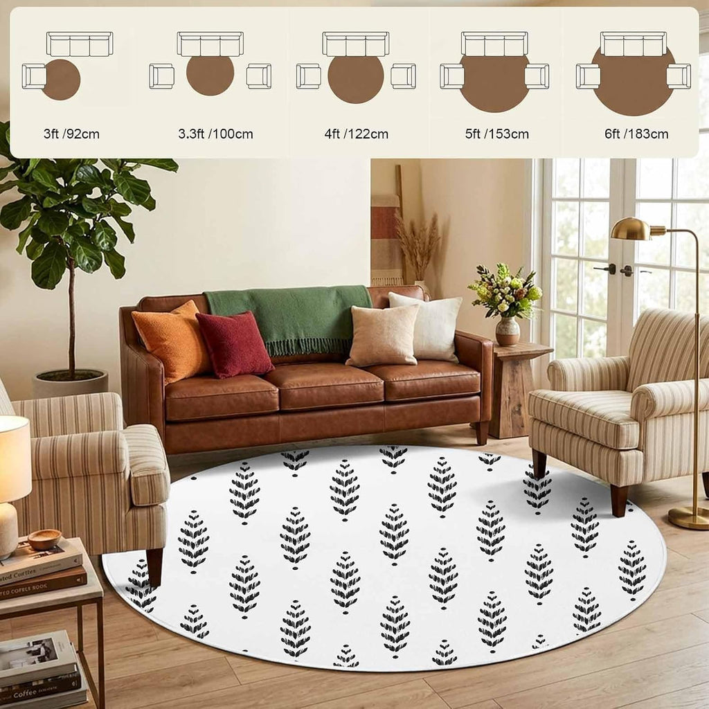 Modern Scandi Botanical Leaves 3ft Round Rug,Washable Area Rugs Minimalist Black Leaf on White Soft Circle Indoor