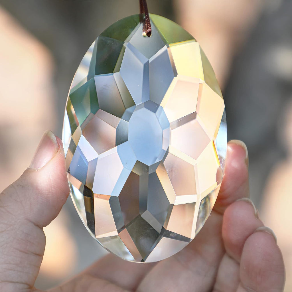 3.5 Inch Oval Crystal Prism Suncatcher, Clear Rainbow Maker - Clear Faceted Crystal Design, Window Hanging Pendant