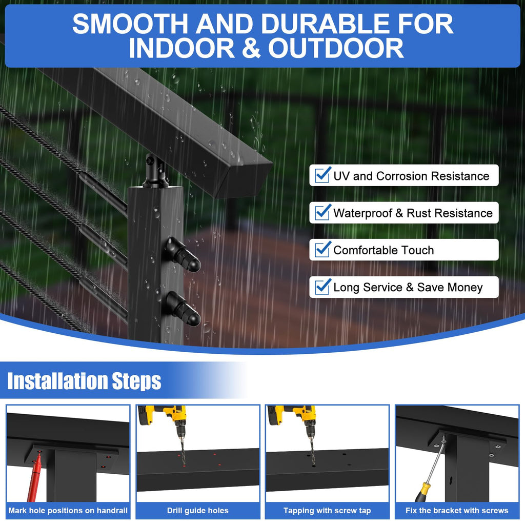 6'6'' Stainless Steel Rectangular Handrail 2 Pack, Cuttable Cable Railing Handrails System, Black Flat Top Rail with