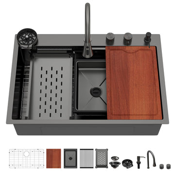 33 inch Waterfall Drop Sink Workstation with Faucet - 33x22 Black 16 Gauge Stainless Steel, Topmount Single Bowl