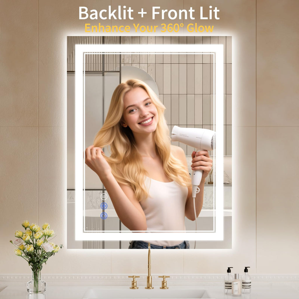 28"x36" LED Bathroom Mirror with Lights, Anti-Fog, Backlit + Front Lit, Dimmable, Led Vanity Mirror for Wall, Lighted
