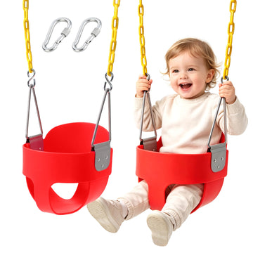 High Back Full Bucket Toddler Swing Seat with Finger Grip, Plastic Coated Chains and Carabiners for Easy Install