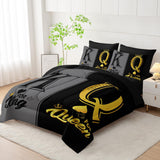 King and Queen Crown Comforter Set Black and Gray Couple Bedding Set，7Pcs Mr Mrs Comforter Set for Adults Couple Men