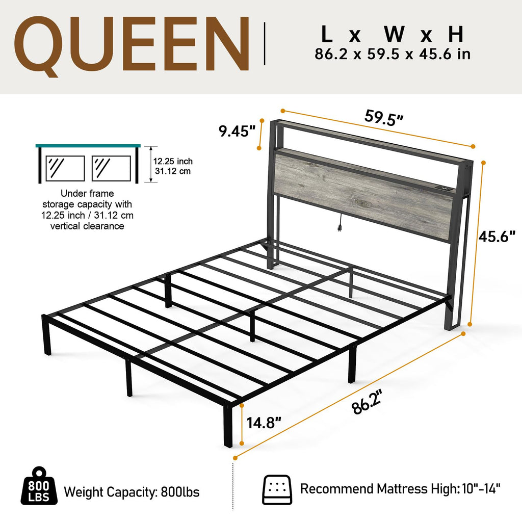 Bed Frame with 2-Tier Storage Headboard, Rustic Grey