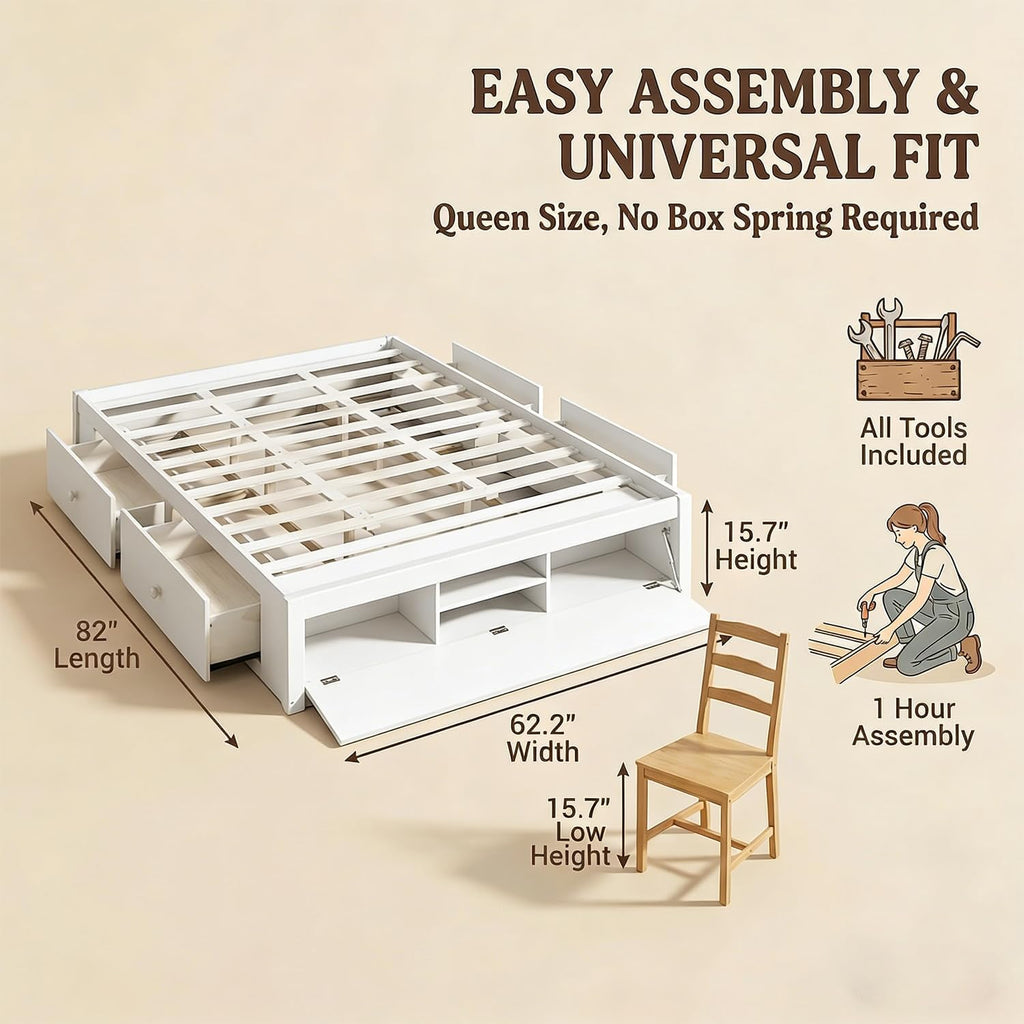 Farmhouse Wood Bed Frame, Japanese Low Platform Wooden Beds Frames with 4 Drawers & Concealed Hydraulic