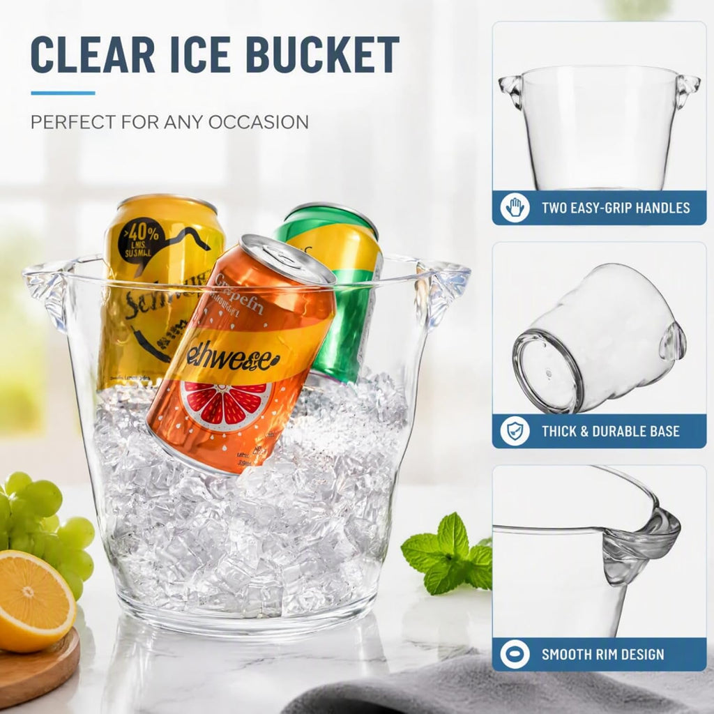 Ice Bucket, 4 Liter Plastic Champagne Bucket Chiller, Thick Clear Beverage Tubs with Handle, Thick Wine Cooler Bucket