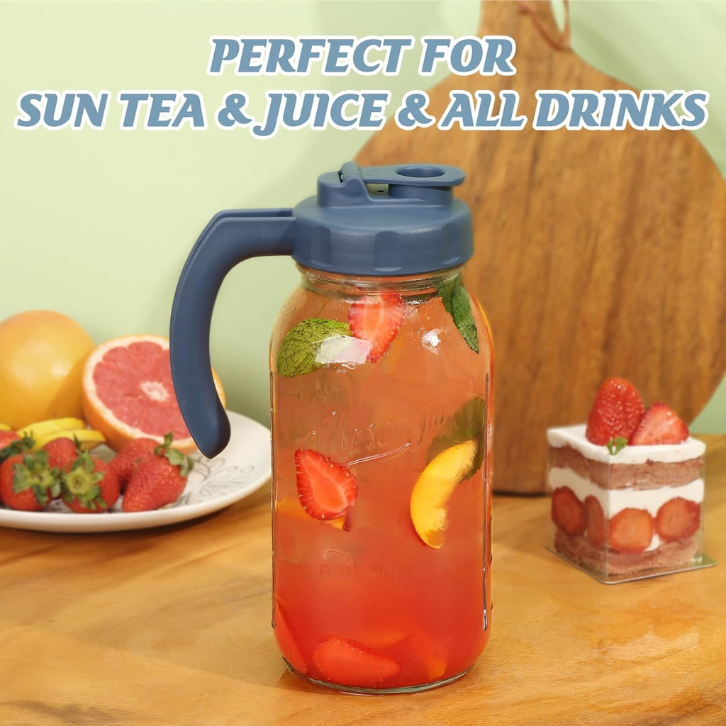 Glass Mason Jar Pitcher with Lid, Wide Mouth Flip Cap Pour Spout Leak-proof Lid with Handle, 64 oz (2 Quart / 1.9