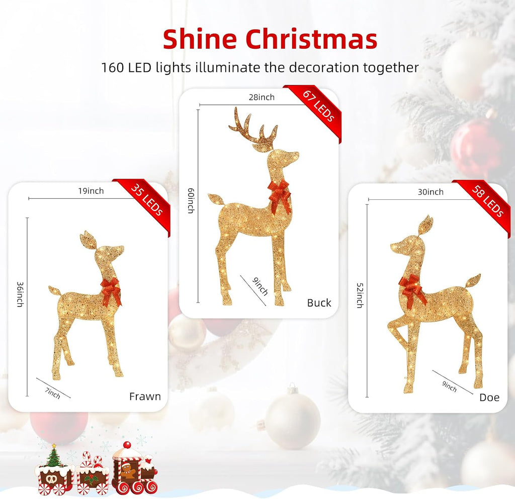 5 FT Oversized Christmas Decorations Outdoor Lighted Reindeer - 3-Piece 2D Deer Family Set with 160 Warm White LED