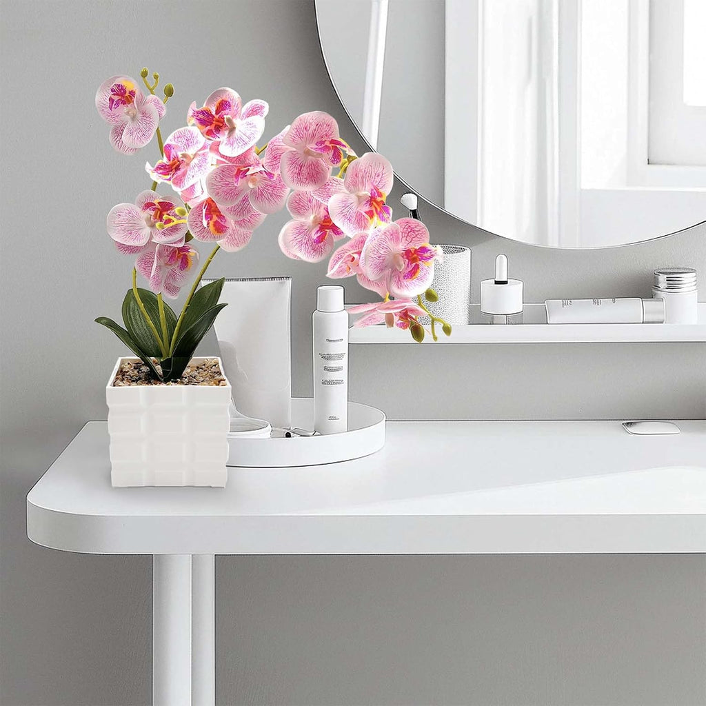 13-Heads Artificial Orchid Flower in Pot,50cm Silk Orchid Arrangement with Plastic Vase,Potted Pink Flowers,Silk