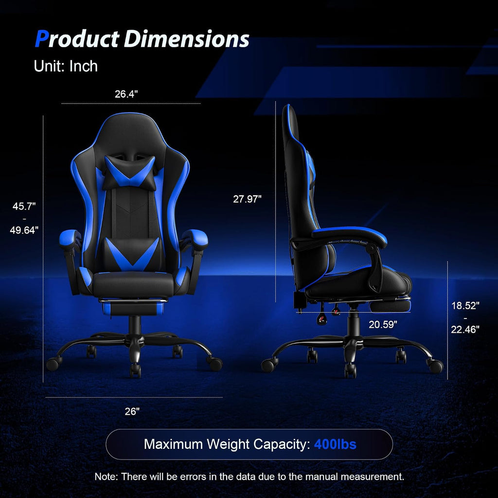 Gaming Chair, Ergonomic Computer Chair with Footrest Lumbar Support, Blue | 400 lbs Adult Chair, High Back, Height