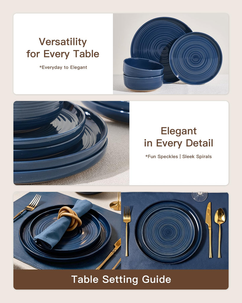 Ceramic Dinnerware Set for 8, Plates & Bowls, Abyssal Blue
