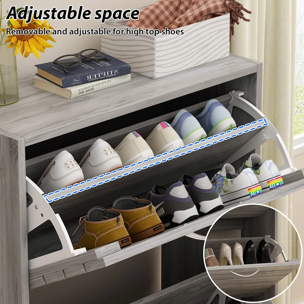 Shoe Cabinet, Grey Narrow Shoe Storage Cabinet with 3 Flip Doors & Adjustable Shelf Hallway (22.4"W x 9.4"D x 42.3"H)
