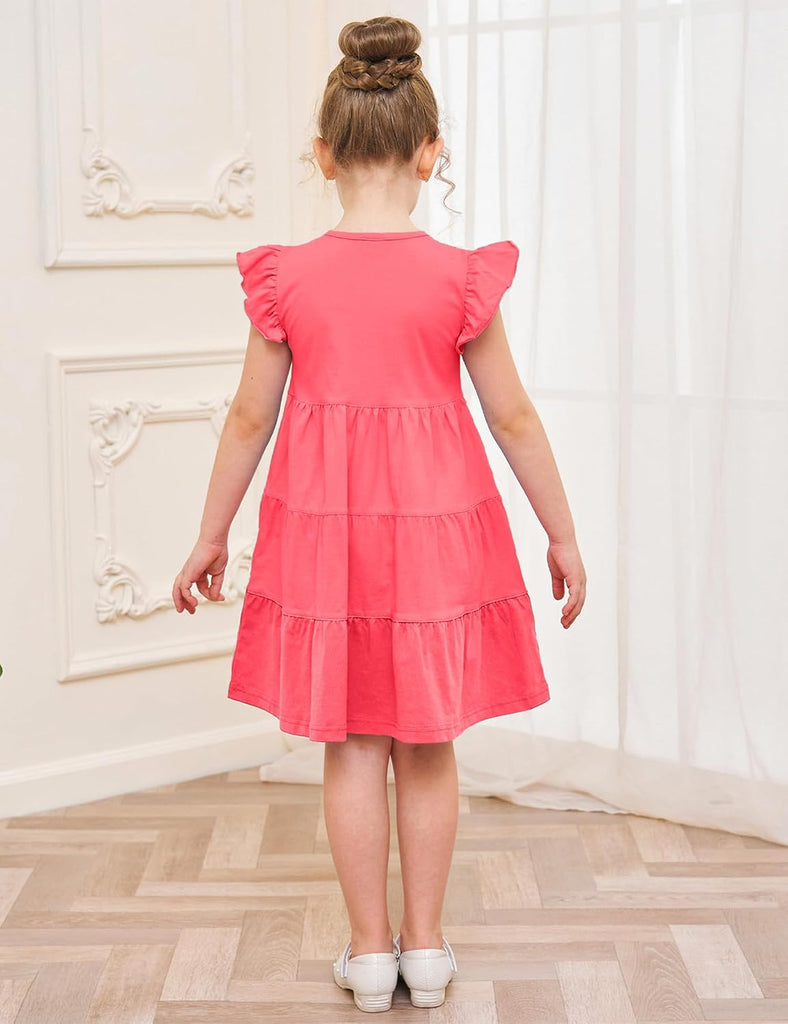 Girl's Dresses Cotton Ruffle Sleeve Tiered Swing A-Line Cute Midi Casual Sundress