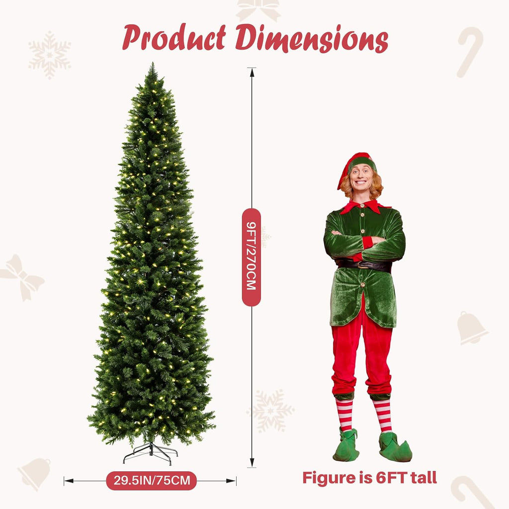 Pre-lit Pencil Christmas Tree, Green Artificial Spruce Slim Christmas Trees with 500 Incandescent Lights, 1100