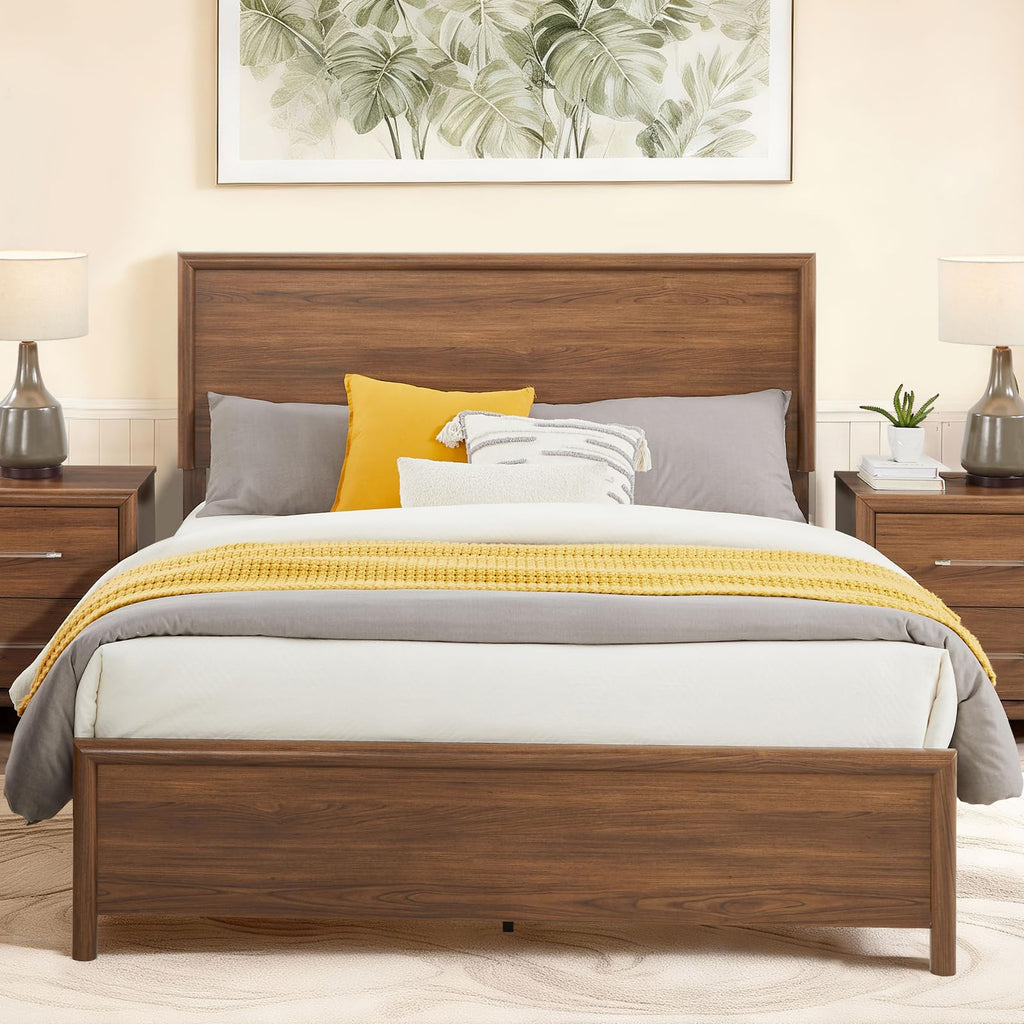 Queen Bed Frame with Headboard, Mid-Century Modern Queen-Size Bedframe with Wood Slat Support, Noise Free, No Box