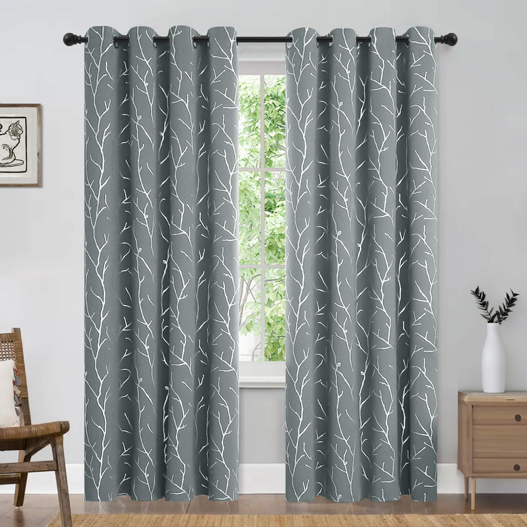 Blackout Curtains 84 Inch Length 2 Panels Set, Grey Curtains, Foil Tree Branches Print Geometric Grommet Top Drapes