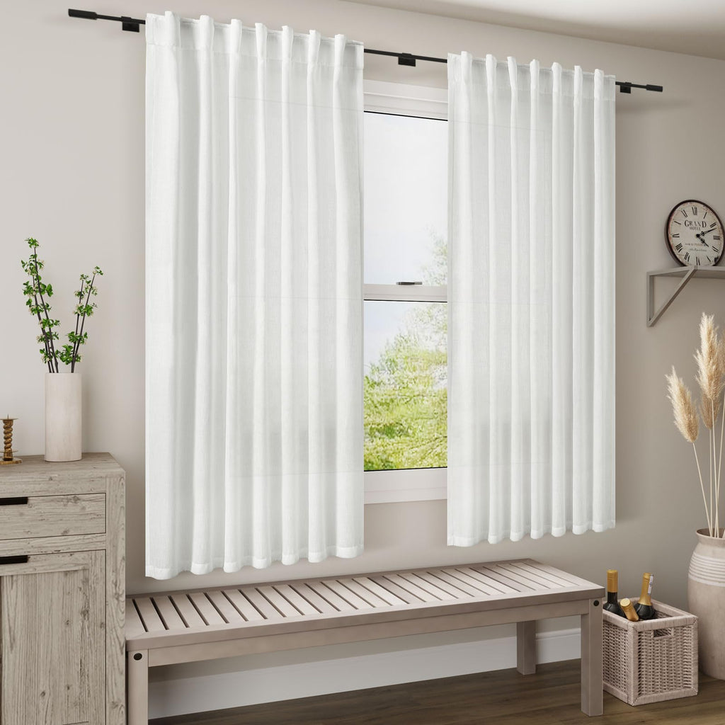 White Linen Curtains 64 Inches Long 2 Panels Set Back Tab Rod Pocket Semi Sheer Light Filtering Curtains Airy Elegant