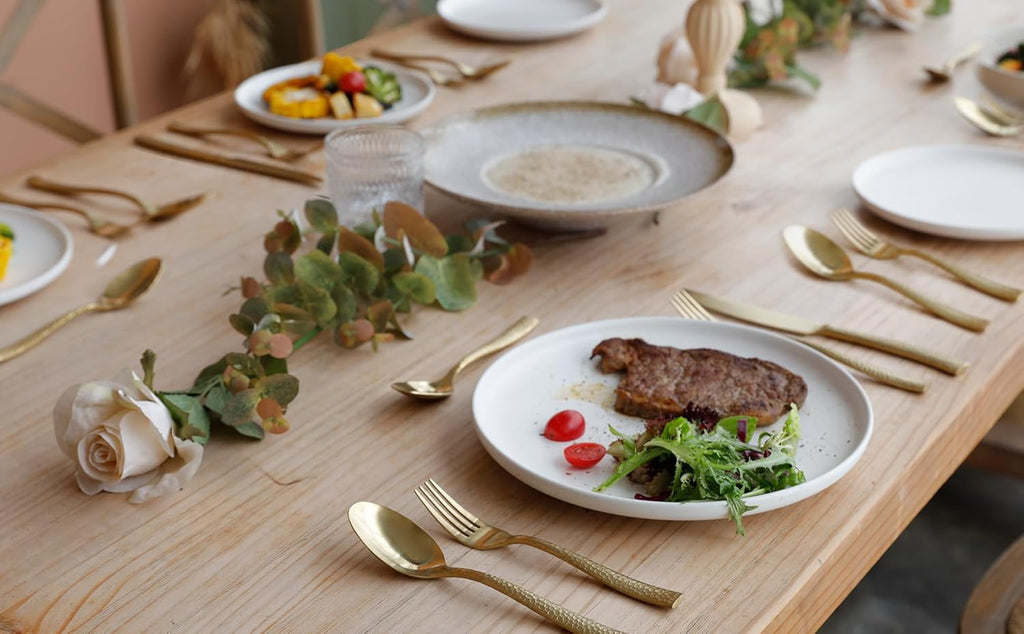 Gold Silverware Set Flatware Set Matte Finished Stainless Steel Hammered Heavy Cutlery Set 20 Pieces Service for 4