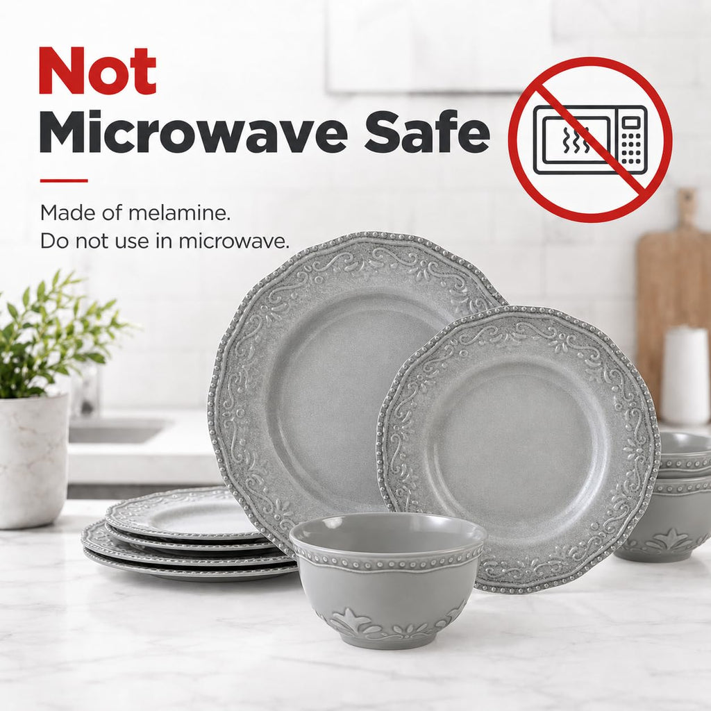 TP 12-Piece Melamine Dinnerware Sets, Service for 4, Relief Grey