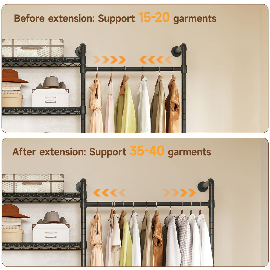 L7 Wall Mounted Industrial Pipe Clothing Rack, Corner Closet System