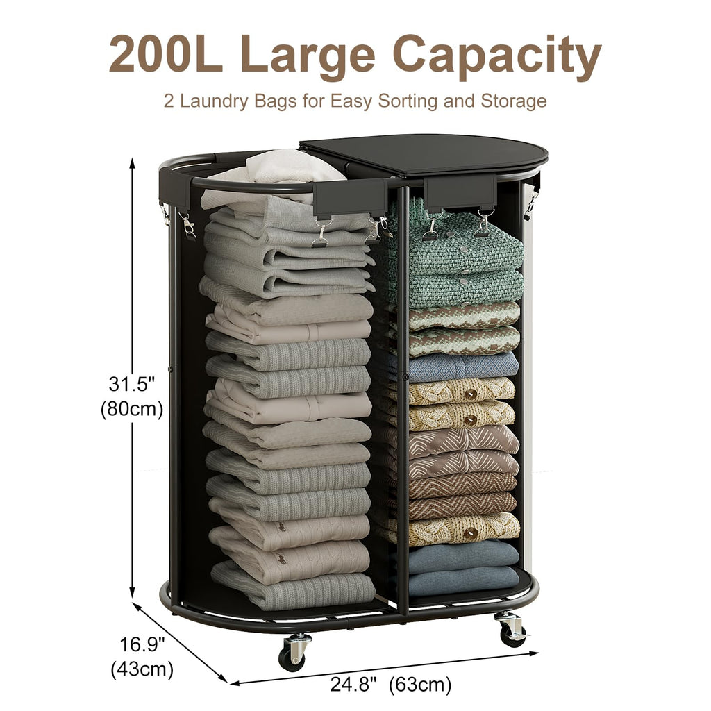 200L Double Laundry Hamper with Lid & Wheels, Oval Rolling Laundry Basket