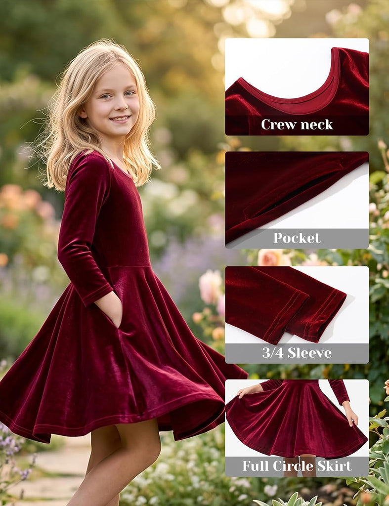 Girls 3/4 Sleeve Velvet Twirly Dress Casual Skater Dresses with Pockets