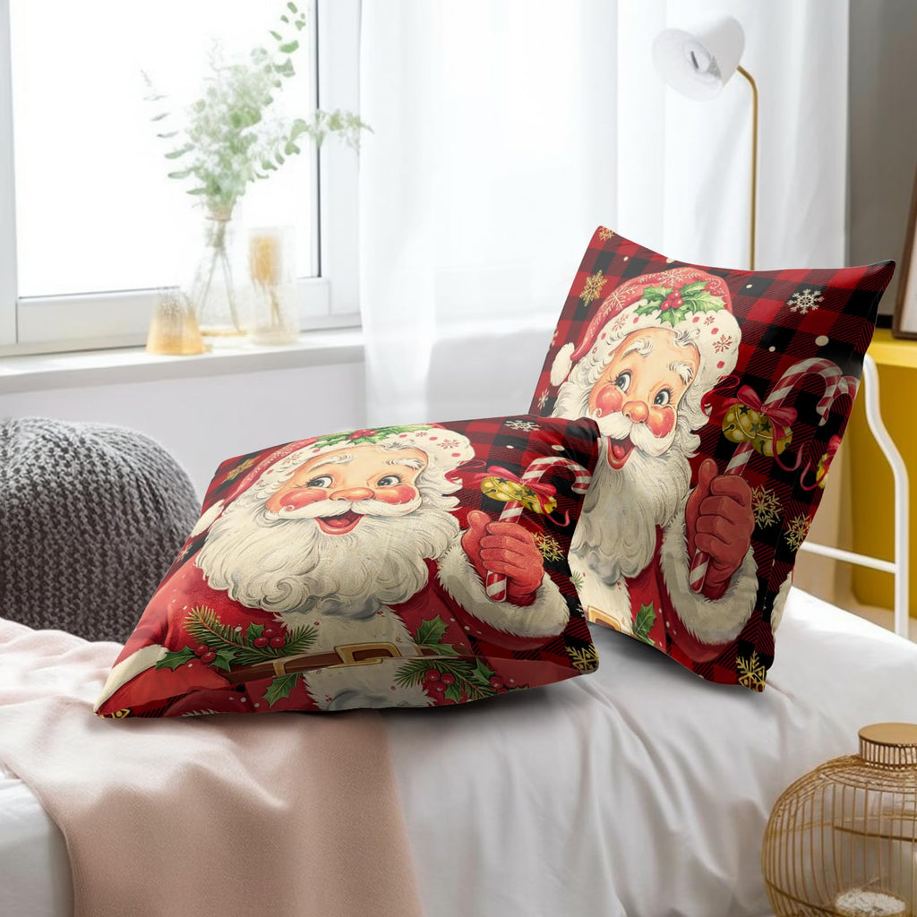 Vintage Christmas Pillow Covers Set of 2 Xmas Santa Claus Red Black Buffalo Plaid Cotton Throw Pillowcases Winter