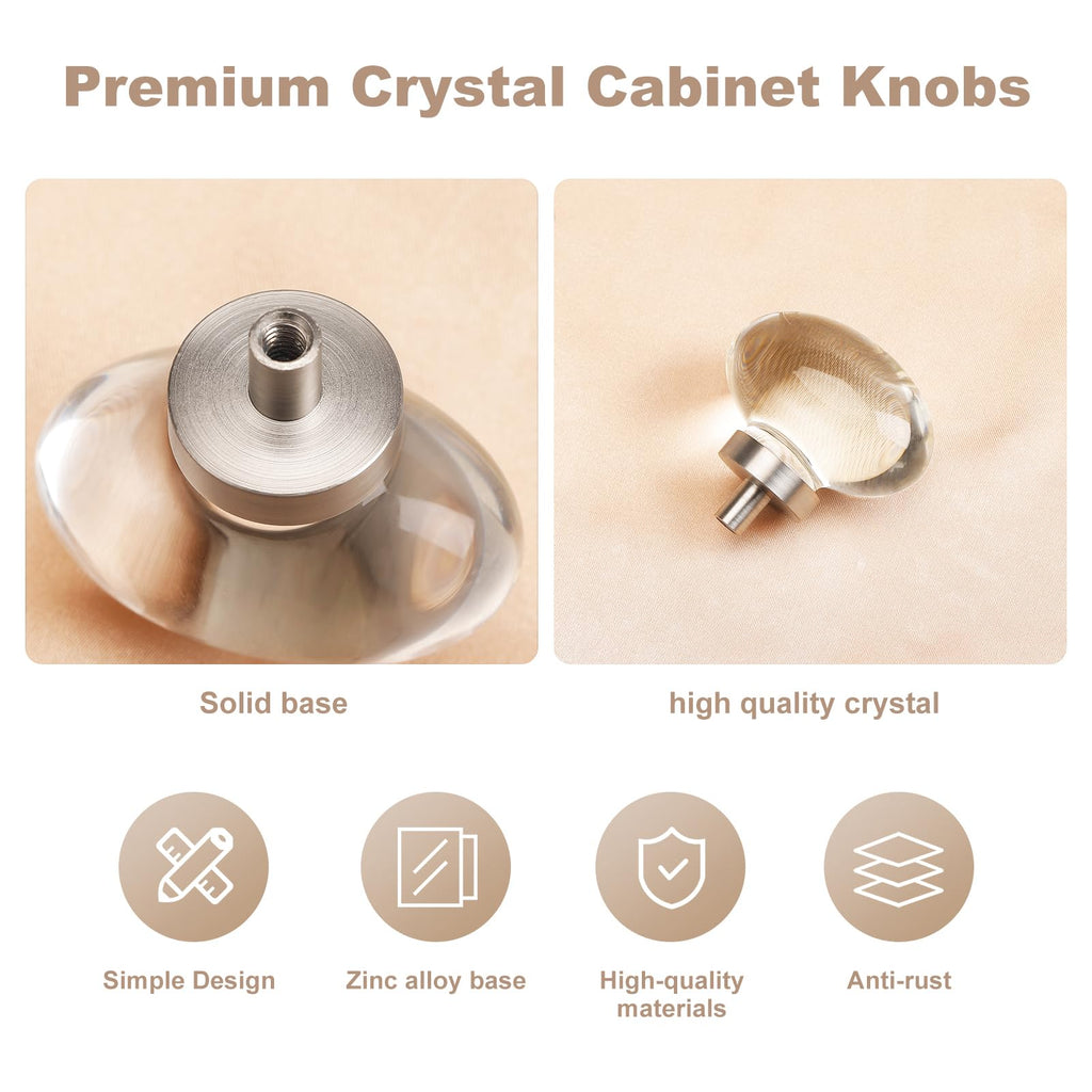 8 Pack Glass Cabinet Knobs and Pulls, Oval Crystal Knobs for Dresser Drawers, Brushed Nickel Kitchen Cabinet Knobs